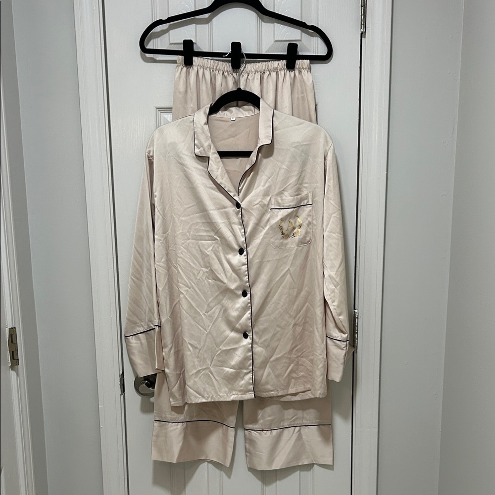 Amazon Women's Cream Pajama Set with Black Piping - letter A on pocket
